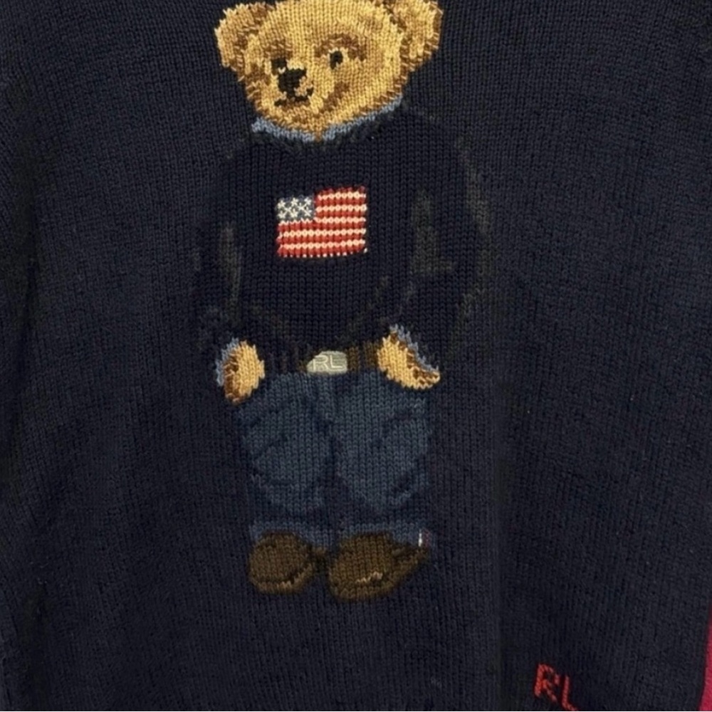 Vintage Polo Ralph Lauren Bear Sweater Navy Knit OG RL Polo Bear USA Flag - Picture 10 of 12